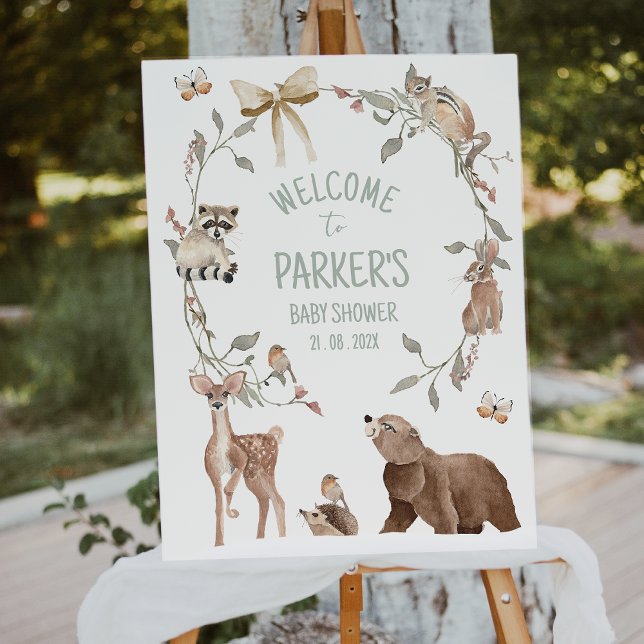 Rüstik braunes Wald-Babyshower-Willkommensschild Fotodruck (Woodland Baby Shower Welcome Sign, Rustic Woodland Animals Baby Shower Welcome Sign, Gender Neutral)