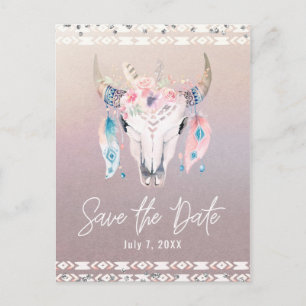 Rustik Glam Boho Floral Kuh-Schädel Save-the-Date- Ankündigungspostkarte