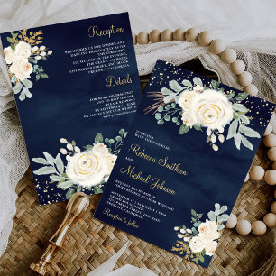 Rustik Gold Elfenbein Blumen Kombiniert mit Navy H Einladung