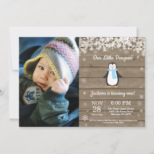 Rustik Pinguin Winter Junge Geburtstagsfoto Einladung
