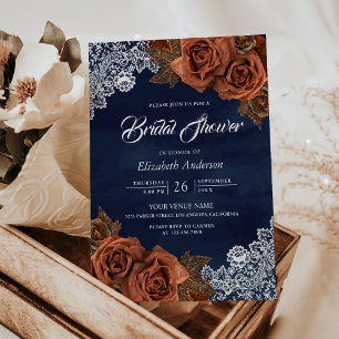 Rustik staubige Terrakotta-Rose Navy-Brautparty Einladung