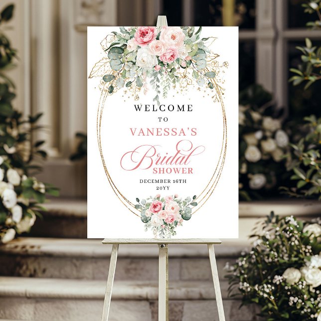 Rustik Staubiges Rosa Blumiges Eukalyptus Brautpar Poster (Rustic Dusty Pink Floral Eucalyptus Bridal Shower Welcome)