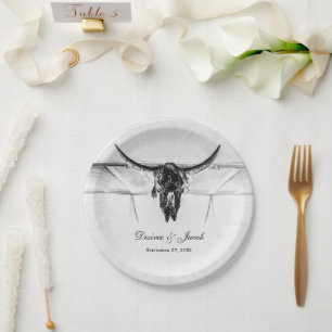 Rustik Weiße Schwarze Western-Kuh-Schädel-Hochzeit Pappteller