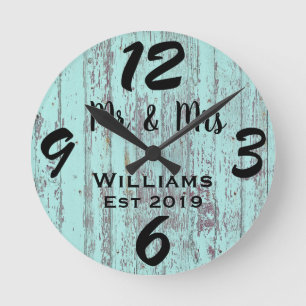 Rustikal abgenutzt Vintage Blau Holz Personalisier Runde Wanduhr