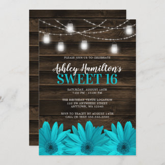 Rustikal Aquamarin Daisy Mason Jar Lights Sweet 16 Einladung