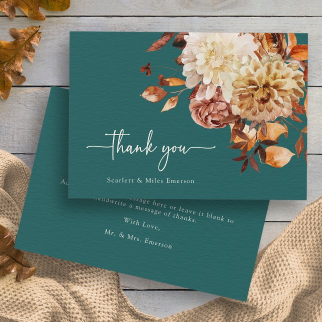 rustikal Aquamarin Dankeskarte (Rustic Copper Leaves Autumn Floral Teal Thank You Card by Painted Paperie
)