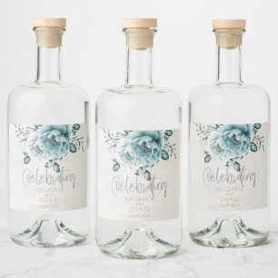 Rustikal Aquamarin und Alabaster Peony Floral Alkoholflaschenetikett