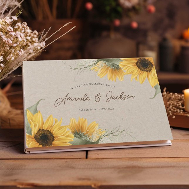 Rustikal-beige Sonnenblume Elegante Hochzeit Gästebuch (Watercolor sunflower themed, wedding guestbook for rustic, country or barn wedding.)