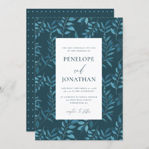 Rustikal Blau botanisch mit Dots Wedding Einladung