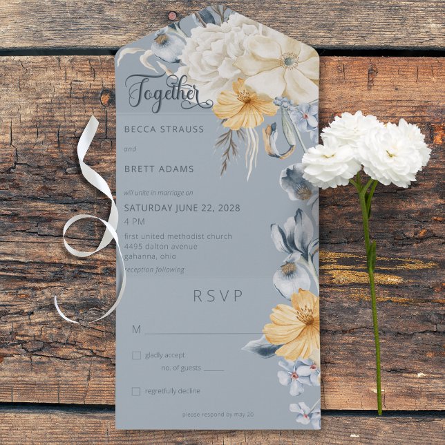 Rustikal Blau Gelb & Weiß Blütenblau Kein Abendess All In One Einladung (Rustic Blue Yellow & White Floral Blue All In One Wedding Invitation without Dinner Options)