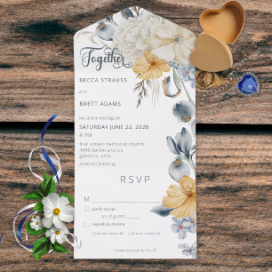 Rustikal Blau Gelb & Weiß Blütenweißes Abendessen All In One Einladung