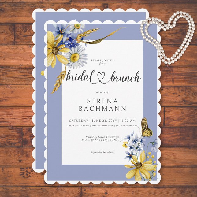 Rustikal Blau & Gelb Wildblumen Bridal Brunch Einladung (Rustic Blue & Yellow Wildflowers Bridal Brunch Invitation)