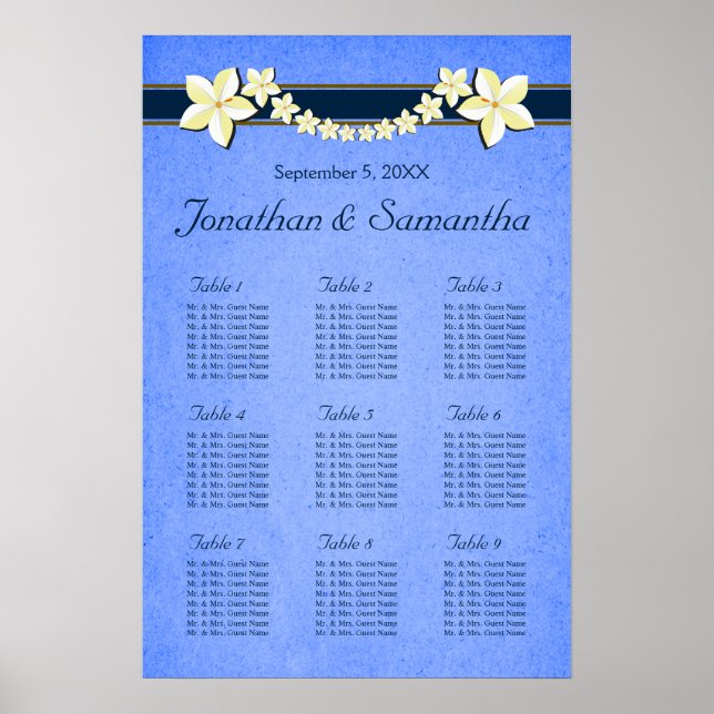 Rustikal blaue Blütenblume Hochzeit 9 Tischkarten Poster (Vorne)