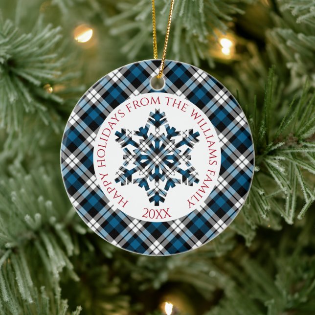 Rustikal Blaue Karo Schwarzer Tartan Schneeflocken Keramik Ornament (Baum)