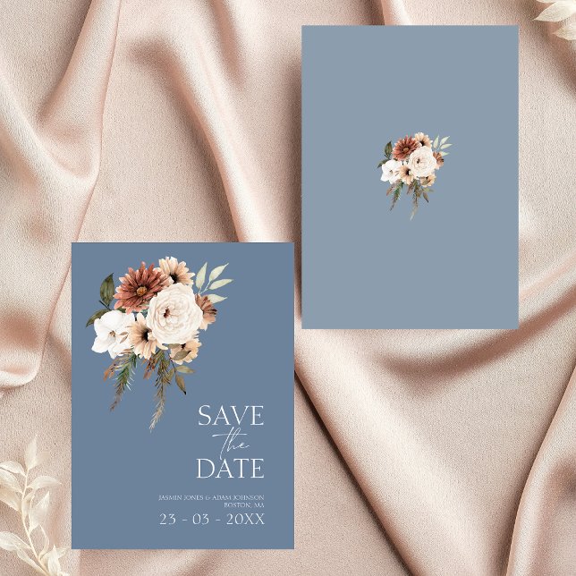 Rustikal blauer Pfirsichblütenhochzeit Das Datum s (Elegant Dusty Blue Floral Wedding Save the Date)