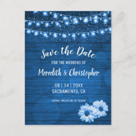 Rustikal Blue Daisy String Lights Save the Date Ankündigungspostkarte