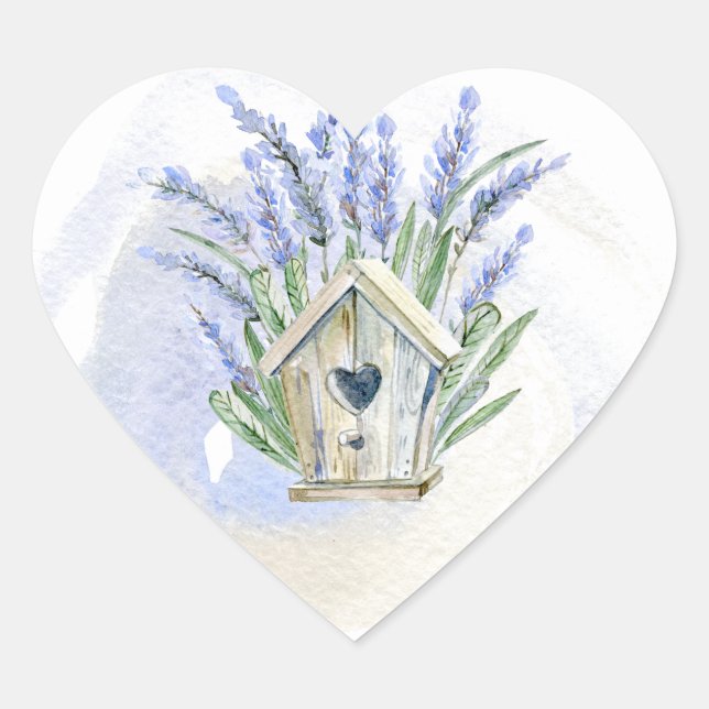 Rustikal Blue Lavender Birdhouse Floral Herz-Aufkleber (Vorderseite)