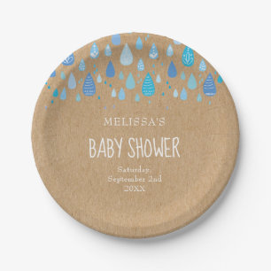 Rustikal Blue Raindrops Baby Boy Showdusche / Spri Pappteller