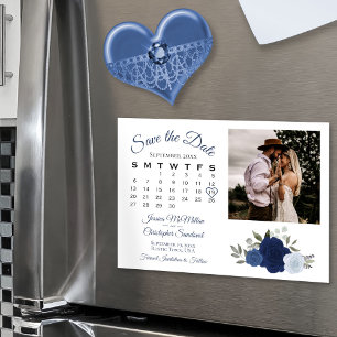 Rustikal Blue Rose Kalender & Foto Save the Date Magneteinladung