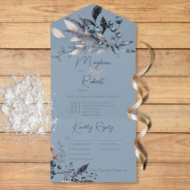 Rustikal Blue Winter Foliage Blue Drei Abendessen All In One Einladung (Rustic Blue Winter Foliage Blue Three Dinner All In One Invitation)