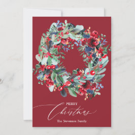 Rustikal blumenroter Marineblau Weihnachtskranz Feiertagskarte