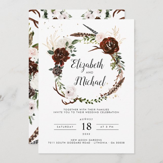 Rustikal | Boho Botanical Wedding Einladung (Vorne/Hinten)