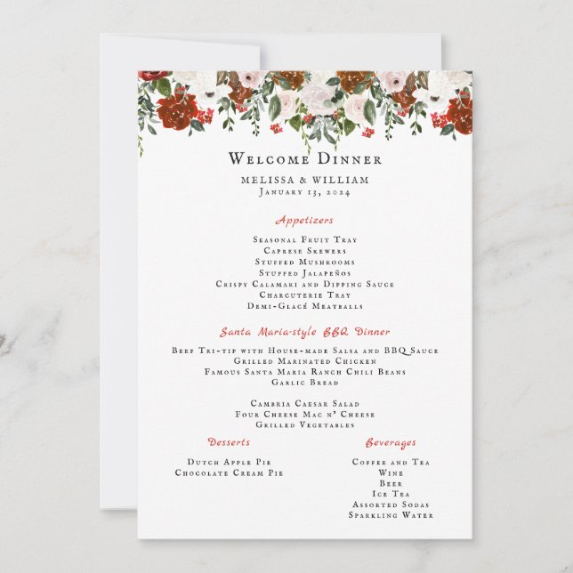 Rustikal | Boho Botanical Wedding Menu Einladung (Vorderseite)