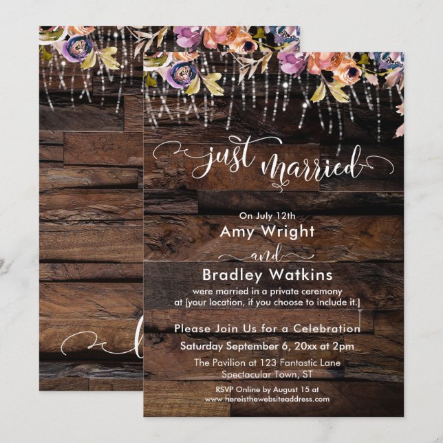 Rustikal Boho Floral Just Married Empfang only Einladung (Vorne/Hinten)