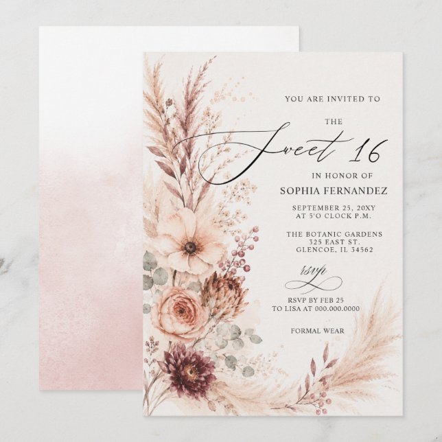 Rustikal Boho Terrakotta Pampas Sweet 16 Einladung (Vorne/Hinten)