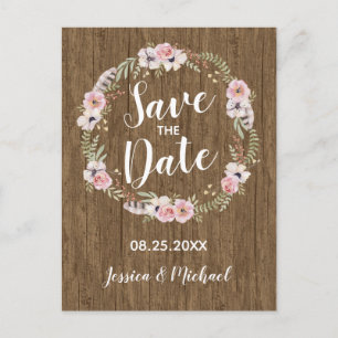 Rustikal Boho Wood Floral Save the Date Postkarte