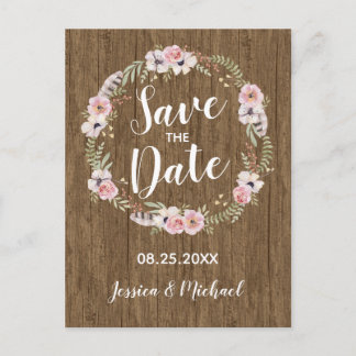 Rustikal Boho Wood Floral Save the Date Postkarte