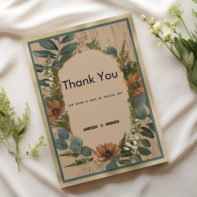 Rustikal-braun-goldfarbene Minze floral Danke Einladung (Rustic brown orange gold mint floral Thank You )