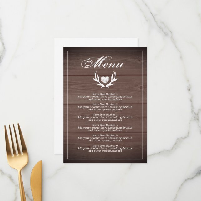 Rustikal braun Holz Hochzeitsmenü Menükarte (Vorderseite/Rückseite Beispiel)