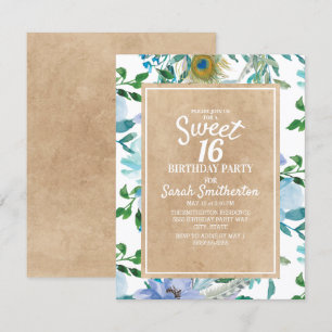 Rustikal braun Kraft Blau Weiß Floral Sweet 16 Einladung