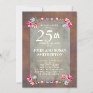 Rustikal Braun Rosa Lila Floral 25. Hochzeitstag Einladung