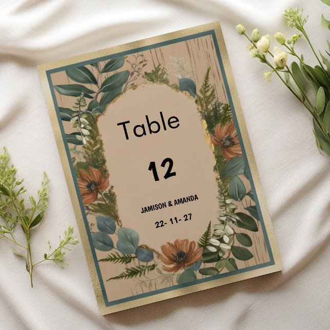 Rustikal-braune Goldminze, geblümte Tischnummern (Rustic brown orange gold mint floral Table Numbers )