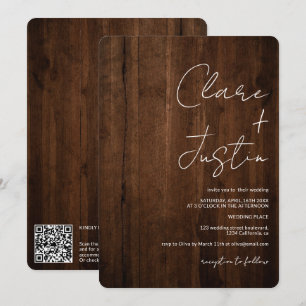 Rustikal-braune Holzskriptnamen qr Code-Hochzeit Einladung