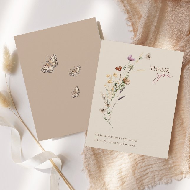 Rustikal-braune Wildblumen und Schmetterlinge Hoch Dankeskarte (Rustic Brown Wildflowers and Butterflies Wedding Thank You Card)