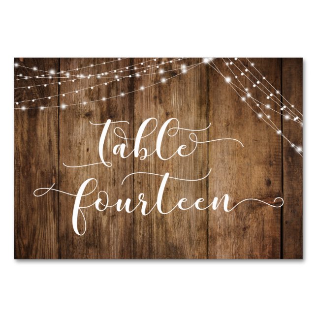 Rustikal-braunes Holz & Lights Tisch Vierzehn Kart Tischnummer (Vorderseite)