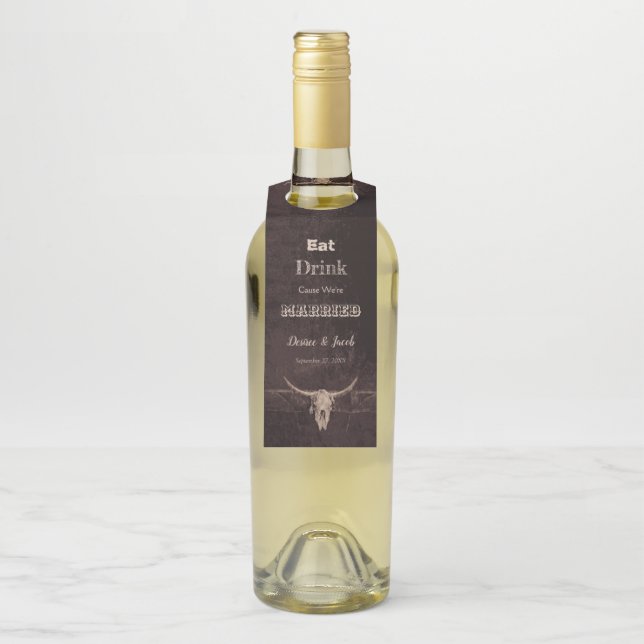 Rustikal Brown Eat Drink Verheirateter Western Bul Flaschenanhänger (Auf Flasche)