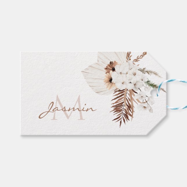 Rustikal Brown Pampas Grass White Orchio Monogramm Geschenkanhänger (Vorderseite (Horizontal))
