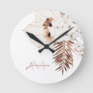 Rustikal Brown Pampas Grass White Orchio Monogramm Runde Wanduhr