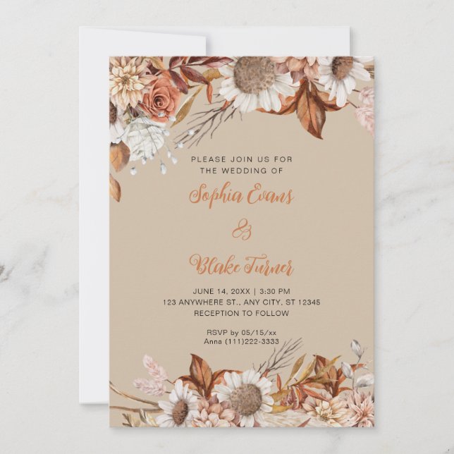 Rustikal Brown White Blume Boho Vanilla Wedding Einladung (Vorderseite)