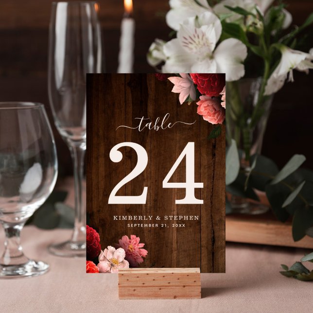 Rustikal Brown Wood Boho Coral Floral Tischnummer (Rustic wood floral watercolor table number for your reception decor features elegant design.)