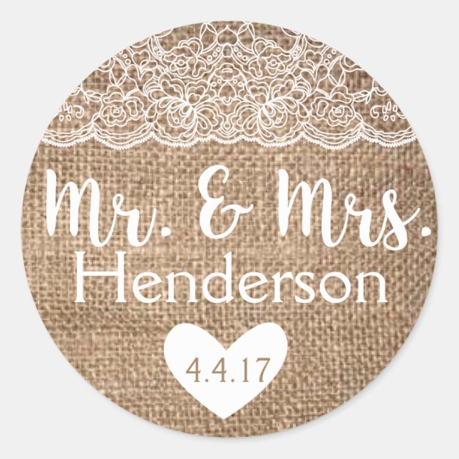 Rustikal, Burlap & Lace, Mr. & Mrs. Stickers- Favo Runder Aufkleber (Vorderseite)
