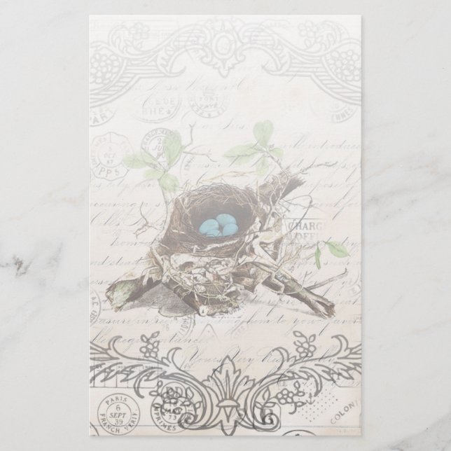 rustikal-chic-französisches botanisches Vogelnest Briefpapier (Vorderseite)