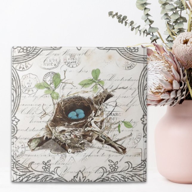 rustikal-chic-französisches botanisches Vogelnest Fliese (rustic chic french country botanical bird nest tile)