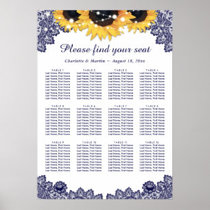Rustikal Chic Navy Blue Sonnenblumen Sitzplan 12 Poster