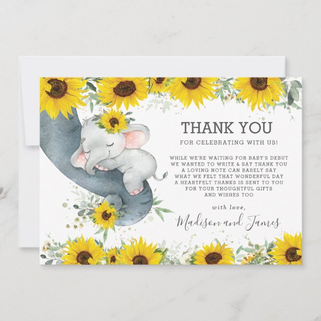 Rustikal Chic Sonnenblume Elephant Baby Shower Gir Dankeskarte (Vorderseite)