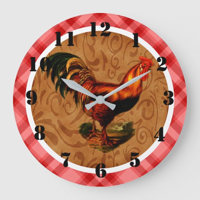 Rustikal Country Rooster Verziert Große Wanduhr (Vorderseite)